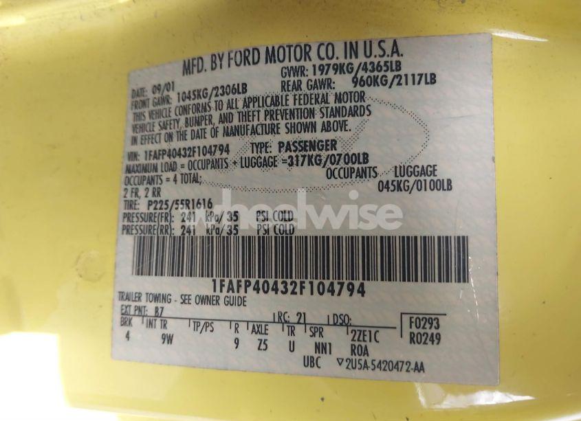 Photo 9 of 2002 Ford Mustang (VIN 1FAFP40432F104794)