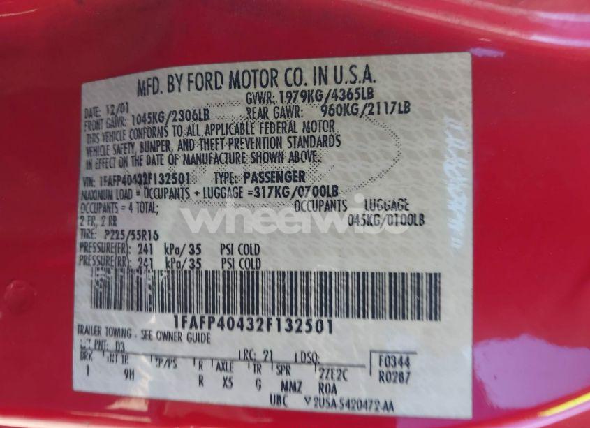 Photo 9 of 2002 Ford Mustang (VIN 1FAFP40432F132501)