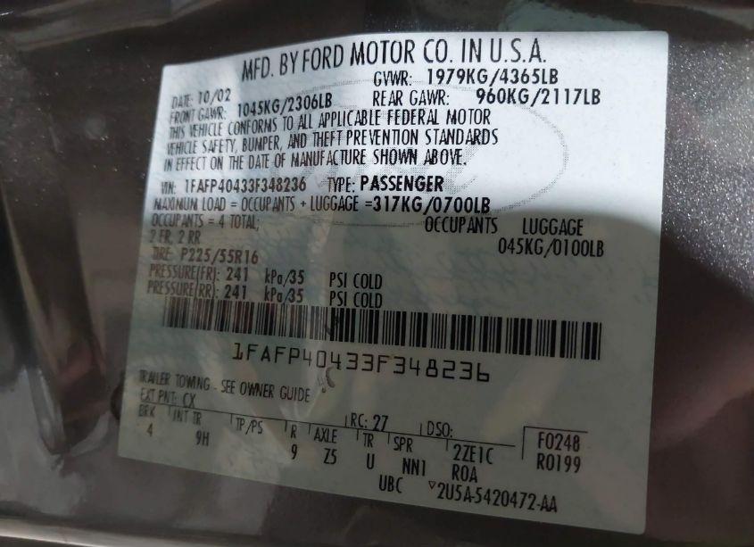 Photo 9 of 2003 Ford Mustang (VIN 1FAFP40433F348236)