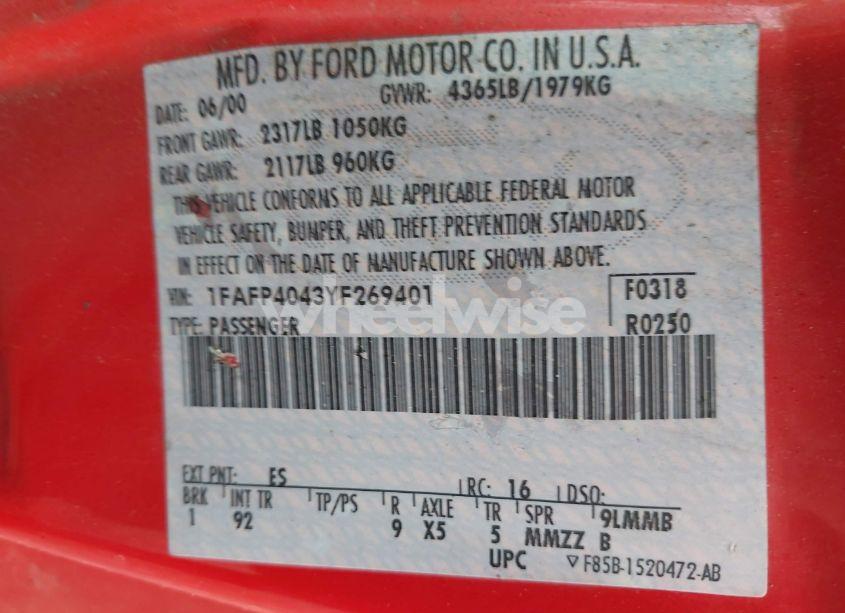 Photo 9 of 2000 Ford Mustang (VIN 1FAFP4043YF269401)