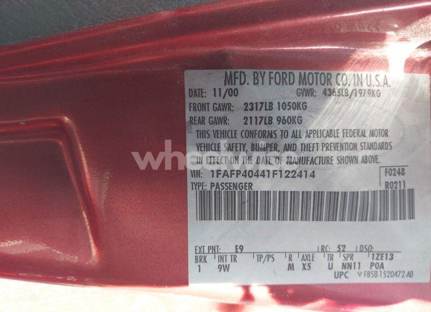 Photo 9 of 2001 Ford Mustang (VIN 1FAFP40441F122414)