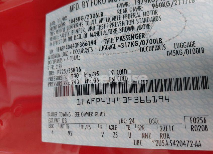 Photo 9 of 2003 Ford Mustang (VIN 1FAFP40443F366194)