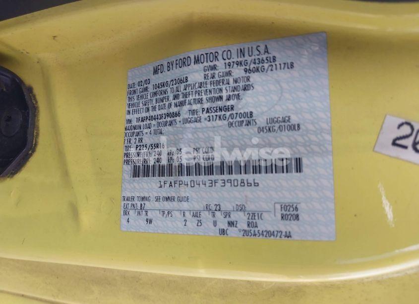Photo 9 of 2003 Ford Mustang (VIN 1FAFP40443F390866)