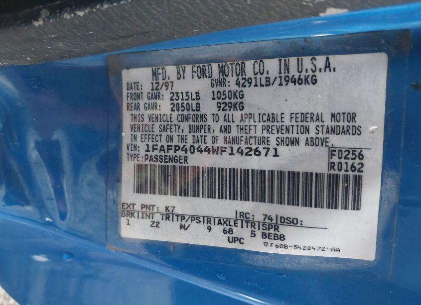 Photo 9 of 1998 Ford Mustang (VIN 1FAFP4044WF142671)