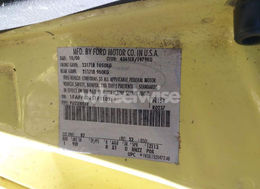 Photo 9 of 2001 Ford Mustang DELUXE (VIN 1FAFP40451F110966)