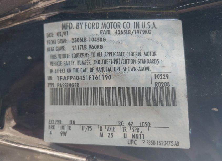 Photo 9 of 2001 Ford Mustang N/A (VIN 1FAFP40451F161190)