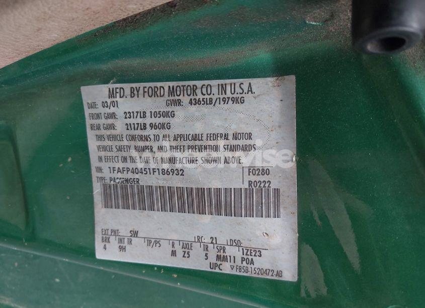 Photo 9 of 2001 Ford Mustang (VIN 1FAFP40451F186932)