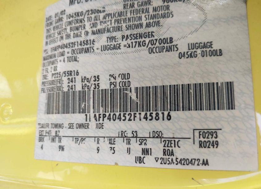 Photo 9 of 2002 Ford Mustang N/A (VIN 1FAFP40452F145816)