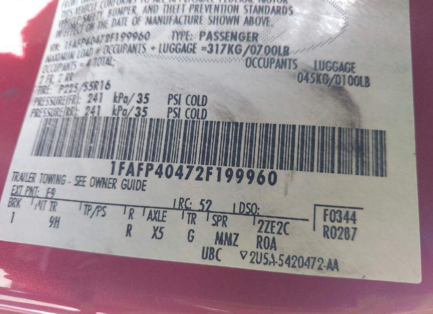 Photo 9 of 2002 Ford Mustang (VIN 1FAFP40472F199960)