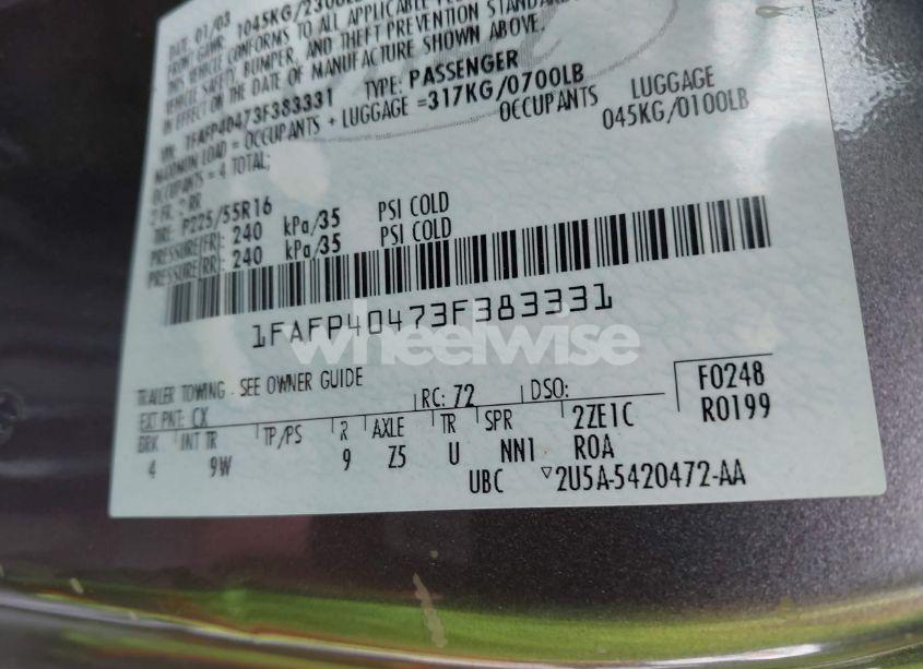 Photo 9 of 2003 Ford Mustang (VIN 1FAFP40473F383331)