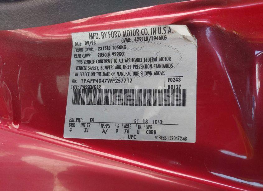 Photo 9 of 1998 Ford Mustang (VIN 1FAFP4047WF257717)