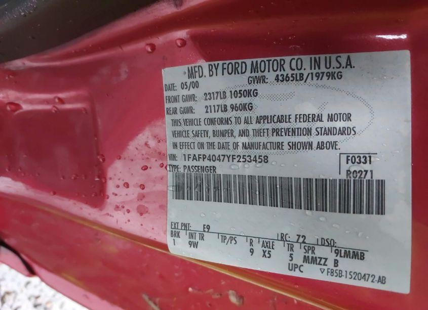 Photo 9 of 2000 Ford Mustang (VIN 1FAFP4047YF253458)