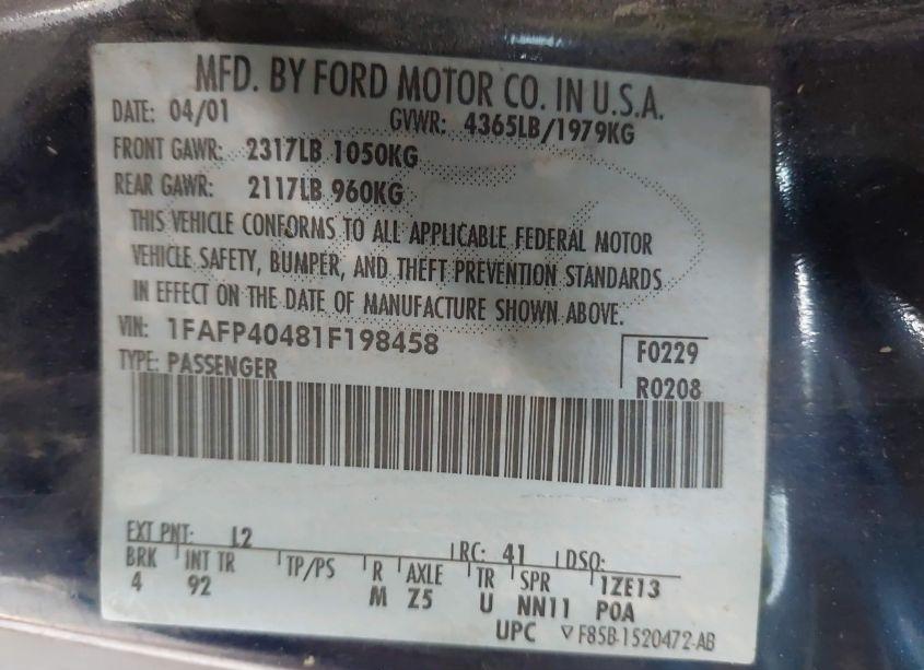 Photo 9 of 2001 Ford Mustang (VIN 1FAFP40481F198458)