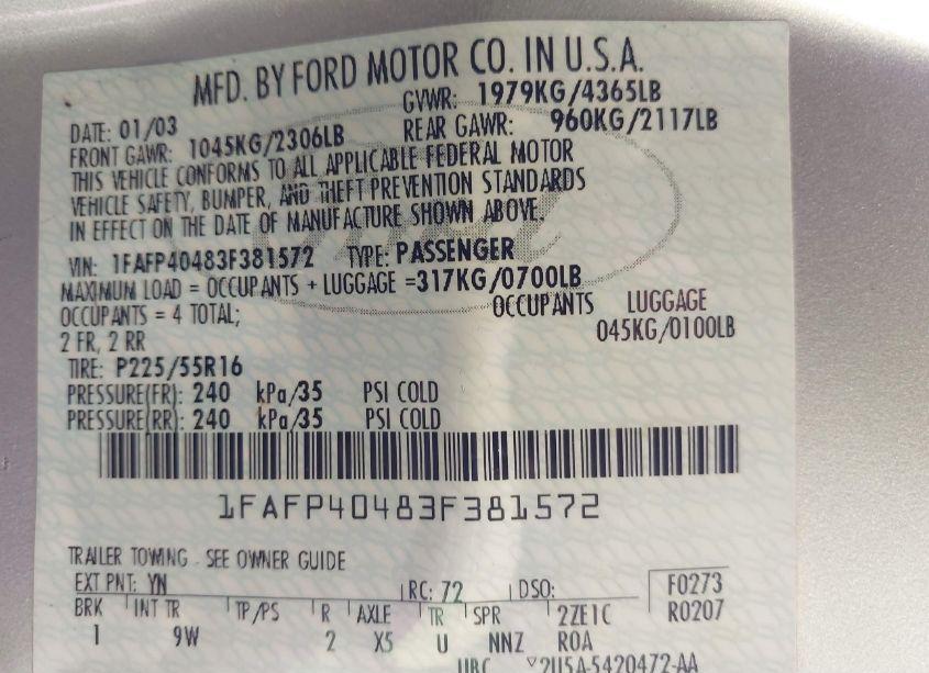 Photo 9 of 2003 Ford Mustang (VIN 1FAFP40483F381572)