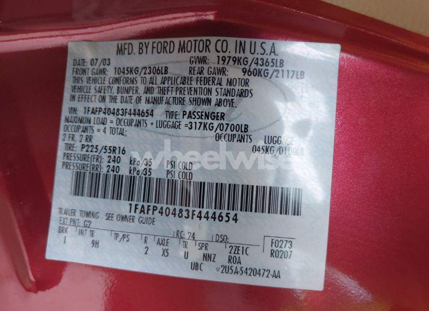 Photo 9 of 2003 Ford Mustang (VIN 1FAFP40483F444654)