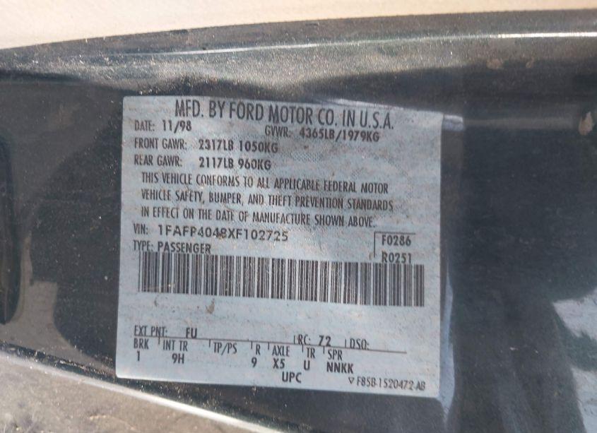 Photo 9 of 1999 Ford Mustang (VIN 1FAFP4048XF102725)