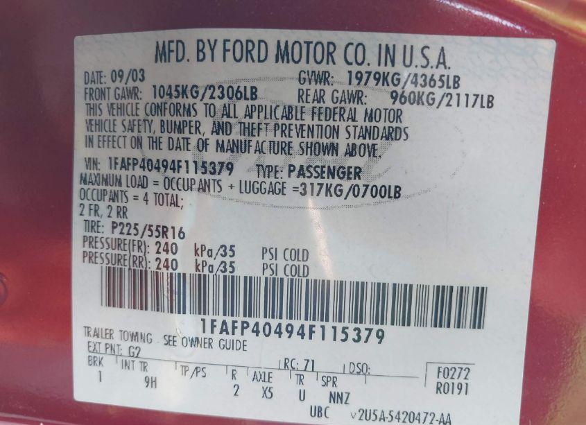 Photo 9 of 2004 Ford Mustang (VIN 1FAFP40494F115379)