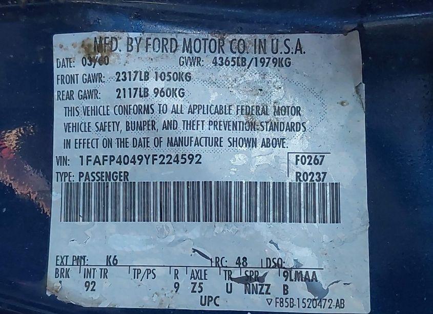 Photo 9 of 2000 Ford Mustang (VIN 1FAFP4049YF224592)