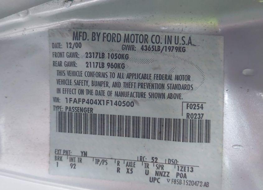 Photo 9 of 2001 Ford Mustang (VIN 1FAFP404X1F140500)