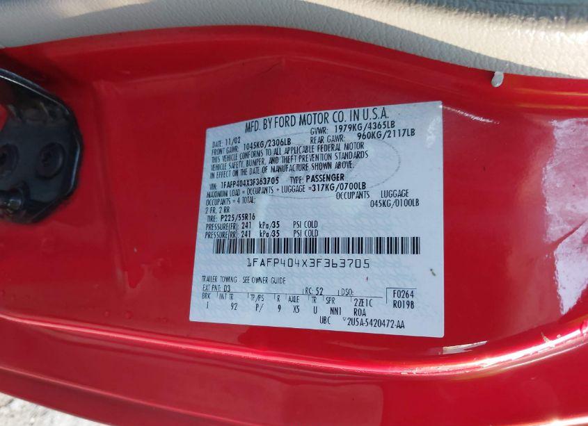 Photo 9 of 2003 Ford Mustang (VIN 1FAFP404X3F363705)