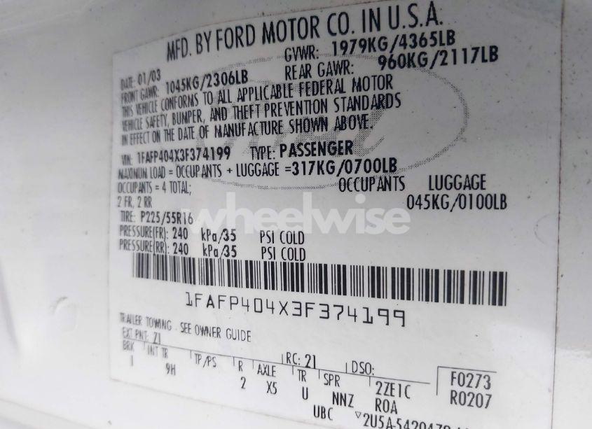 Photo 9 of 2003 Ford Mustang (VIN 1FAFP404X3F374199)