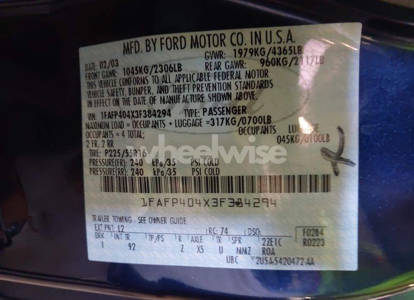 Photo 9 of 2003 Ford Mustang (VIN 1FAFP404X3F384294)