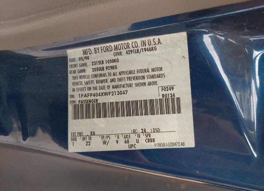 Photo 9 of 1998 Ford Mustang (VIN 1FAFP404XWF213047)