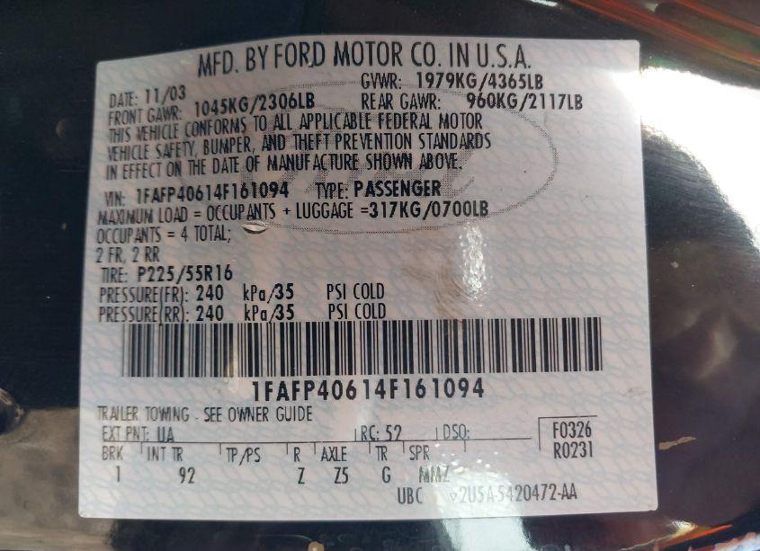 Photo 9 of 2004 Ford Mustang (VIN 1FAFP40614F161094)