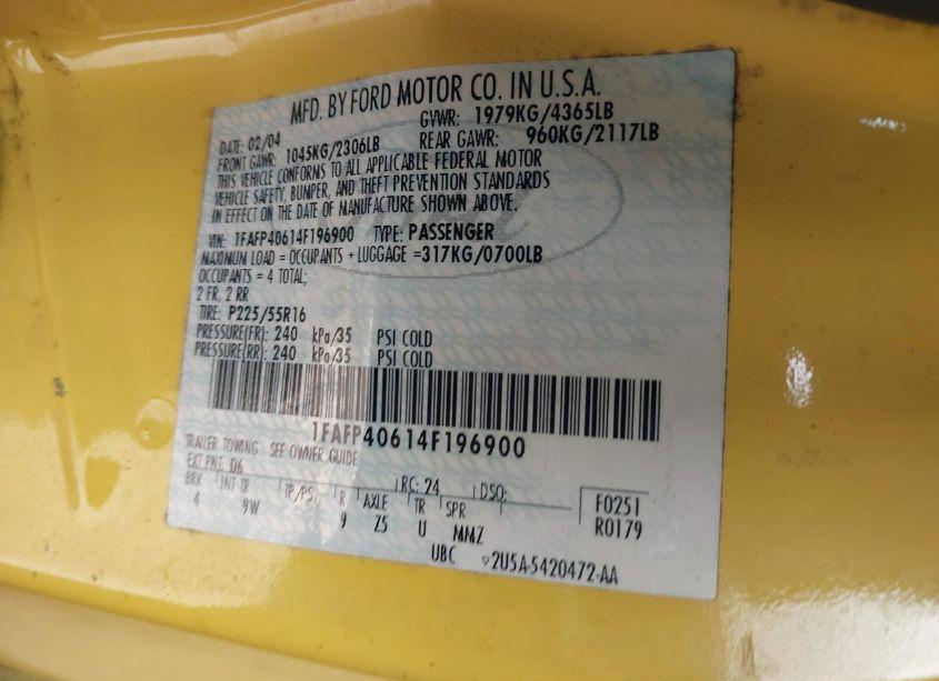 Photo 9 of 2004 Ford Mustang (VIN 1FAFP40614F196900)