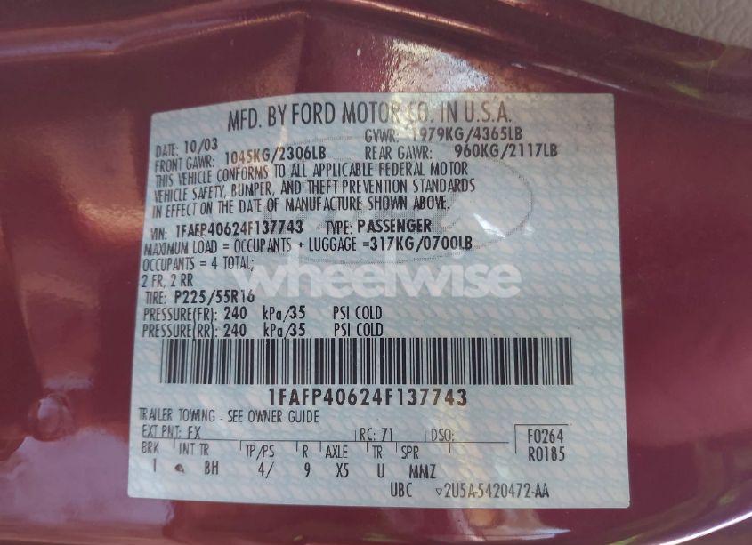 Photo 9 of 2004 Ford Mustang (VIN 1FAFP40624F137743)