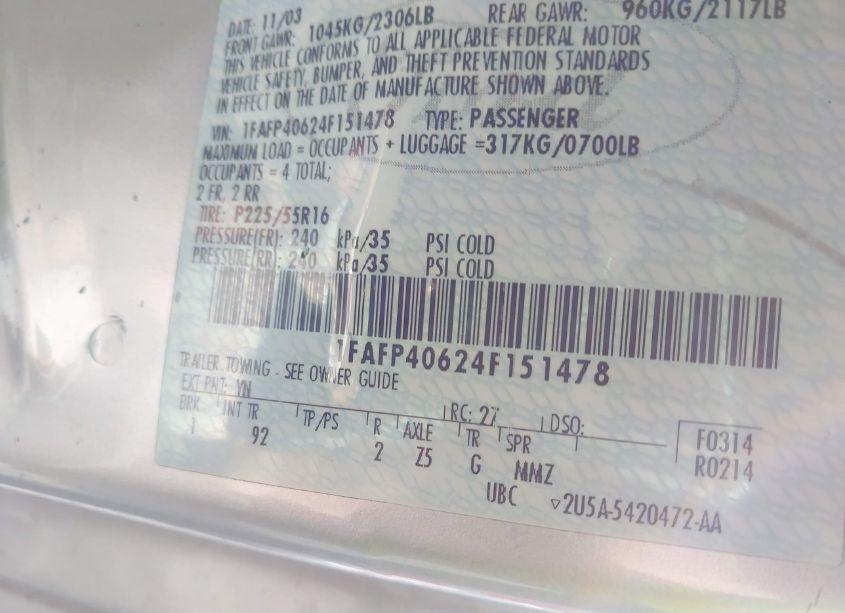 Photo 9 of 2004 Ford Mustang (VIN 1FAFP40624F151478)