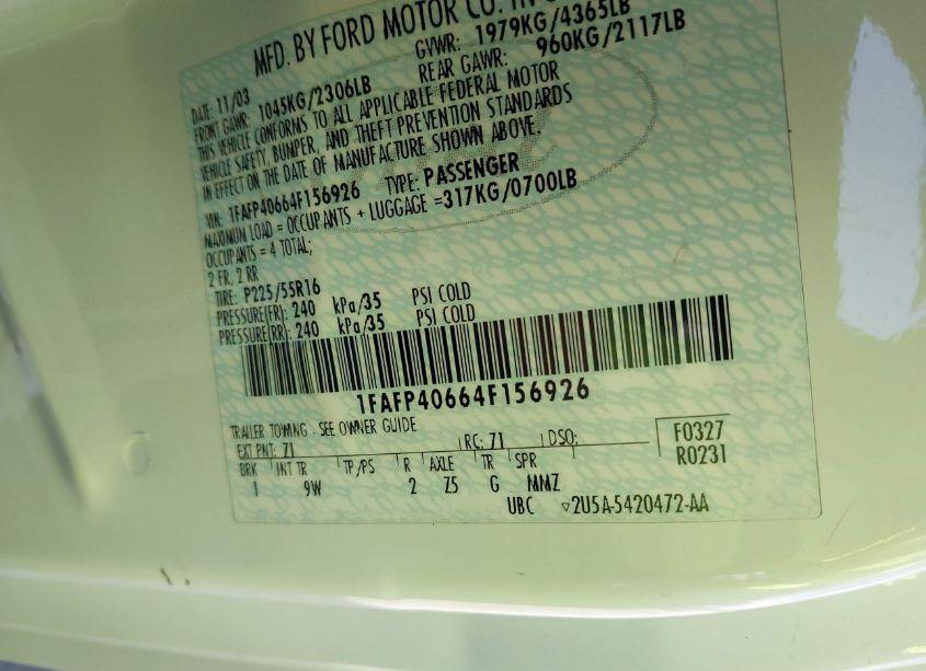 Photo 9 of 2004 Ford Mustang (VIN 1FAFP40664F156926)