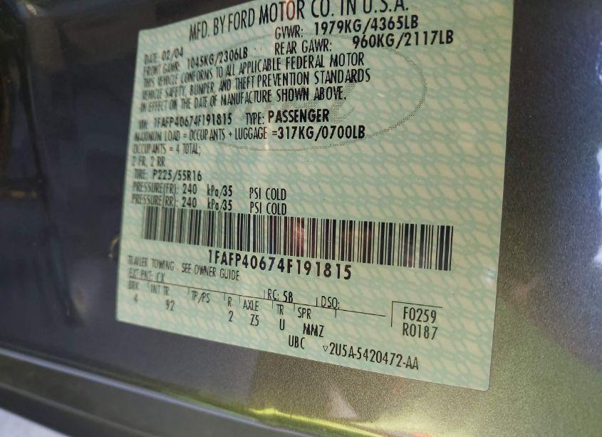 Photo 9 of 2004 Ford Mustang (VIN 1FAFP40674F191815)