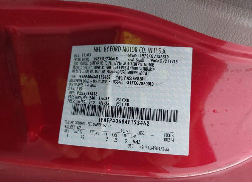 Photo 9 of 2004 Ford Mustang (VIN 1FAFP40684F153462)