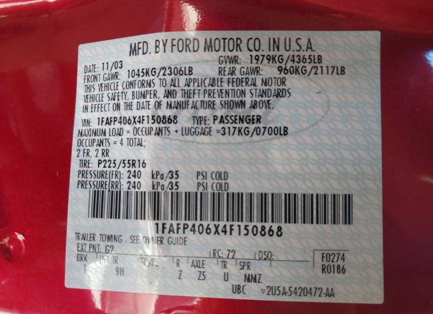 Photo 9 of 2004 Ford Mustang PREMIUM (VIN 1FAFP406X4F150868)