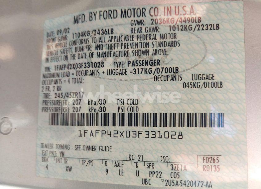 Photo 9 of 2003 Ford Mustang GT (VIN 1FAFP42X03F331028)