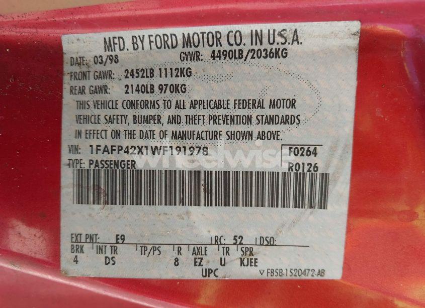 Photo 9 of 1998 Ford Mustang GT (VIN 1FAFP42X1WF191978)