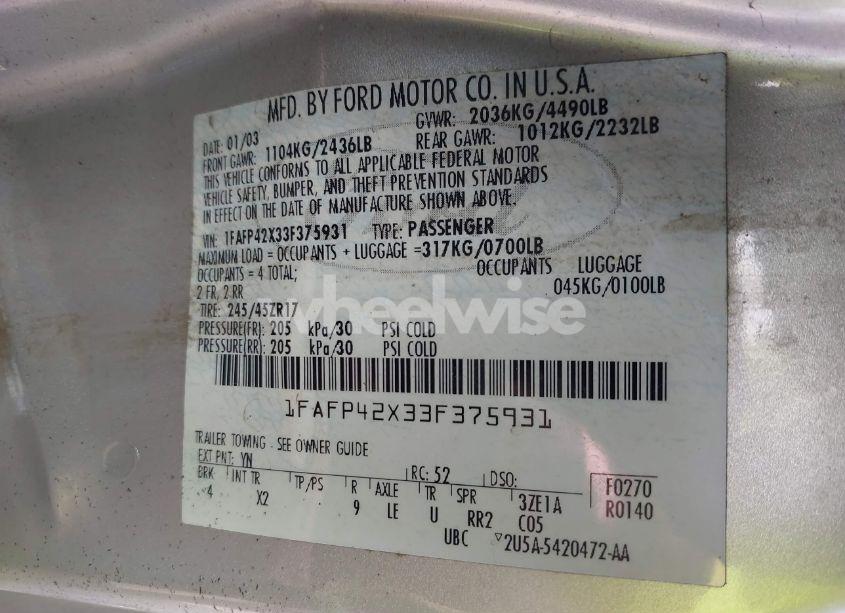 Photo 9 of 2003 Ford Mustang GT/GT DELUXE (VIN 1FAFP42X33F375931)