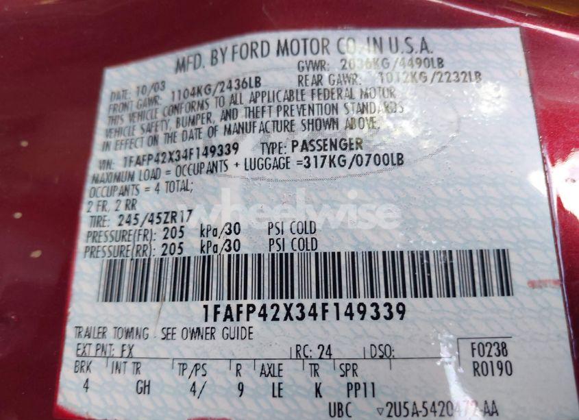 Photo 9 of 2004 Ford Mustang GT (VIN 1FAFP42X34F149339)