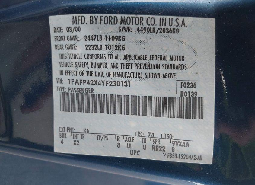 Photo 9 of 2000 Ford Mustang GT (VIN 1FAFP42X4YF230131)