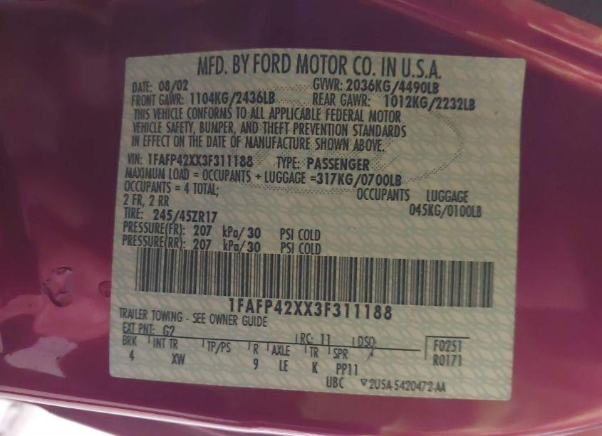 Photo 9 of 2003 Ford Mustang GT (VIN 1FAFP42XX3F311188)