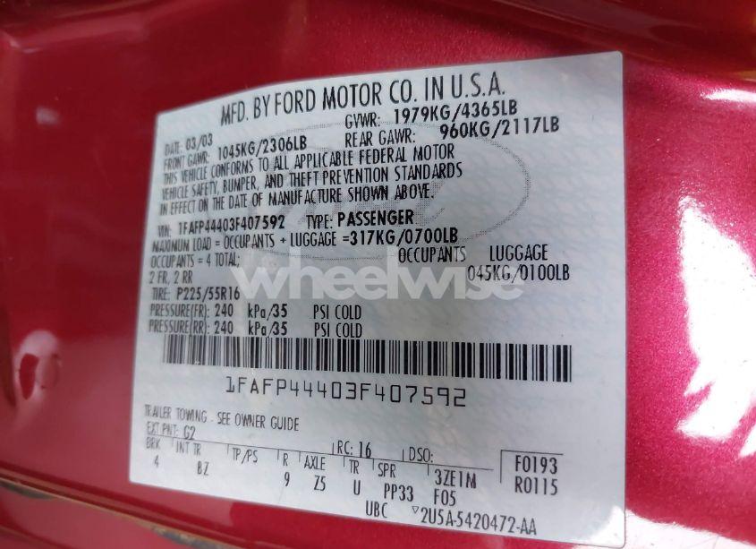 Photo 9 of 2003 Ford Mustang (VIN 1FAFP44403F407592)