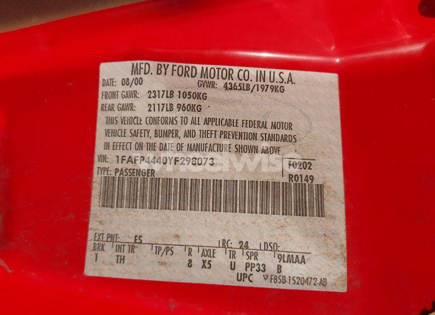 Photo 9 of 2000 Ford Mustang (VIN 1FAFP4440YF298073)