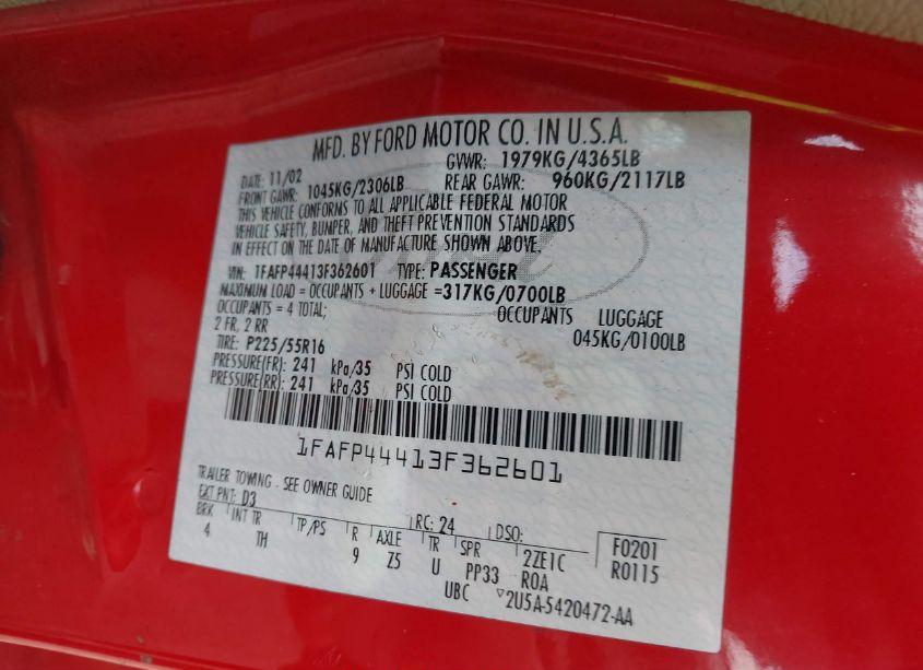 Photo 9 of 2003 Ford Mustang (VIN 1FAFP44413F362601)