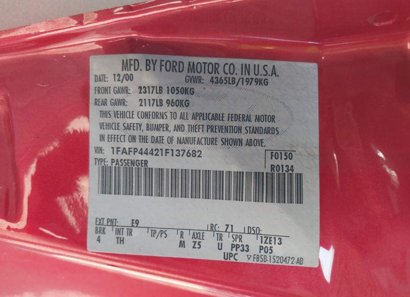 Photo 9 of 2001 Ford Mustang (VIN 1FAFP44421F137682)