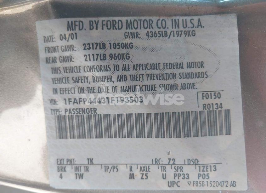 Photo 9 of 2001 Ford Mustang (VIN 1FAFP44431F193503)