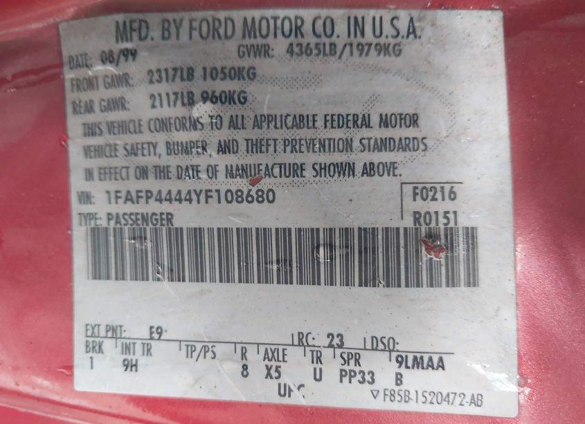 Photo 9 of 2000 Ford Mustang (VIN 1FAFP4444YF108680)