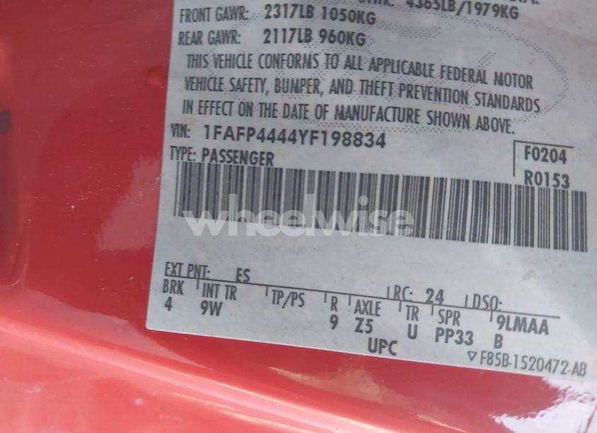 Photo 9 of 2000 Ford Mustang (VIN 1FAFP4444YF198834)