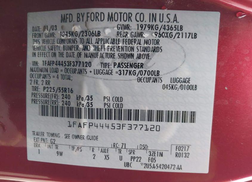 Photo 9 of 2003 Ford Mustang (VIN 1FAFP44453F377120)