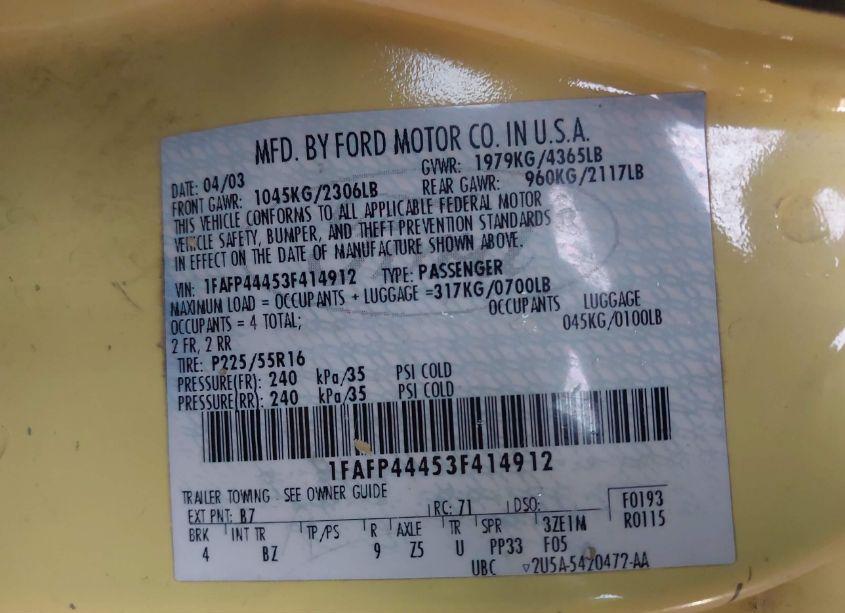 Photo 9 of 2003 Ford Mustang (VIN 1FAFP44453F414912)